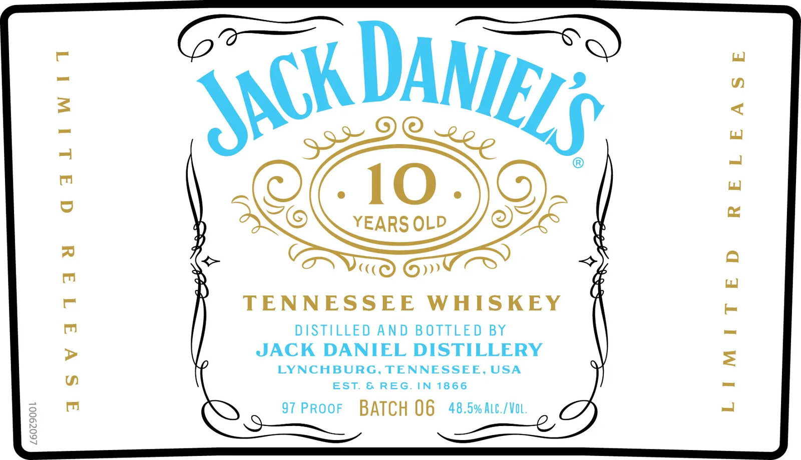 The Jack Daniel’s 10 Year Old Tennessee Whiskey Batch 06 700mL showcases elegant gold and blue lettering on an ornate label, highlighting its distinction as a limited release from the renowned Jack Daniel's brand. Distilled by Jack Daniel Distillery and bottled at 97 proof (48.5% ABV), this rare offering from Batch 06 is a prized addition for any whiskey collector looking for something truly exceptional.
