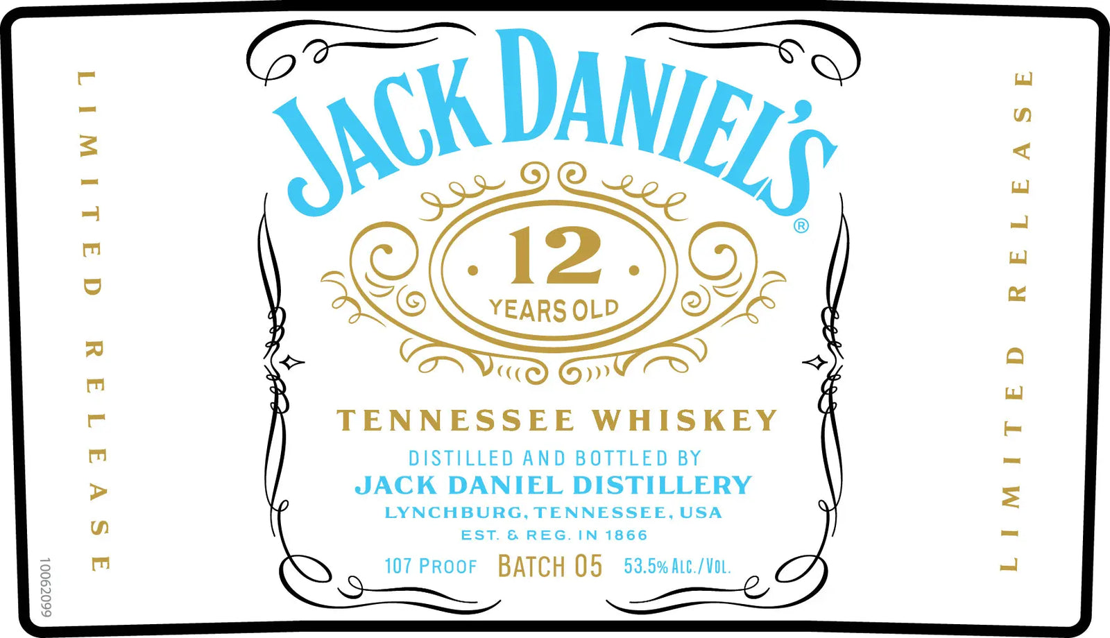 Jack Daniel's 12 Year Old Tennessee Whiskey Batch 05 (700mL), a limited release from Jack Daniel's, bottled at 53.5% alc/vol (107 proof) and distilled in Lynchburg, Tennessee, features distinctive gold and blue accents.