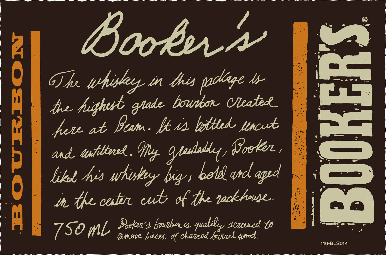 The label for Booker's The Reserves Spring Release 2027 Bourbon 750mL features handwritten-style text highlighting its high-grade, uncut Kentucky Straight Bourbon Whiskey, aged in the center of the rackhouse. Designed with orange and cream lettering on a brown background and decorative borders, this limited edition bourbon from Booker's showcases signature craftsmanship and a distinctive appearance.