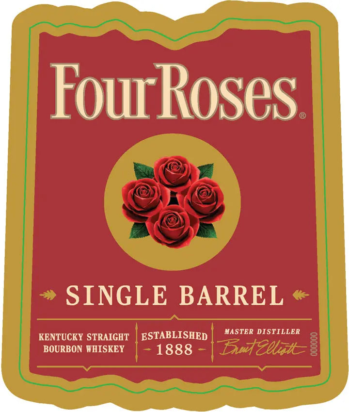 Featuring a red Four Roses label with a gold border and four red roses at the center, the Four Roses OBSQ Single Barrel Bourbon Whiskey 750mL showcases "Four Roses Single Barrel," "Kentucky Straight Bourbon Whiskey," "Established 1888," and Master Distiller Brent Elliott on its packaging. This distinguished bourbon exemplifies the rich heritage and craftsmanship of Four Roses.