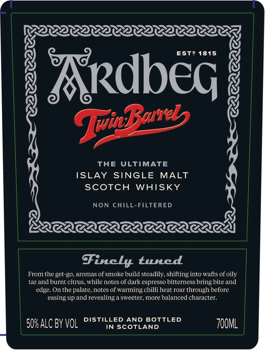 A black label for Ardbeg Twin Barrel Islay Single Malt Scotch Whisky 700mL, adorned with intricate silver patterns and red and white lettering, presents tasting notes that emphasize the bold character of this peated whisky. The label displays 50% ABV and a 700mL bottle size.