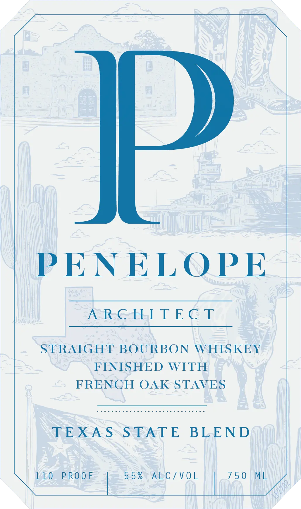 Penelope Bourbon Architect Private Build Texas State Blend Bourbon 750mL features a white label with blue illustrations—a prominent "P," cowboy boots, a mission, cacti, and a longhorn. The label reads: Penelope Architect Texas State Blend—a high-proof straight bourbon at 55% alc/vol—finished in French oak and crafted for bold character.