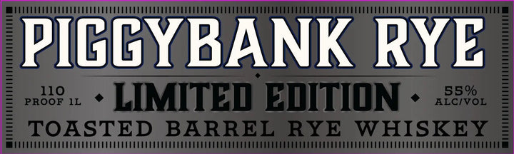 The label for WhistlePig PiggyBank Rye 10 Year Limited Edition Toasted Barrel Rye Whiskey 1L reads: WhistlePig PiggyBank Rye 10 Year Limited Edition Toasted Barrel Rye Whiskey. 110 Proof. 1L. 55% Alc/Vol. Black and white text on a metallic background.
