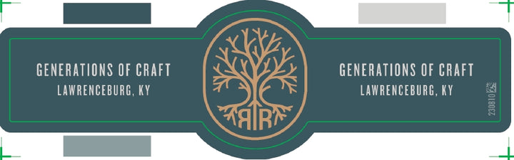 A rectangular label with a circular center displays a stylized tree above "ARR" for Russell’s Reserve Single Rickhouse Camp Nelson D Limited Release 2026 Bourbon. "Generations of Craft, Lawrenceburg, KY" appears on both sides. Colors are dark blue, tan, and gray.