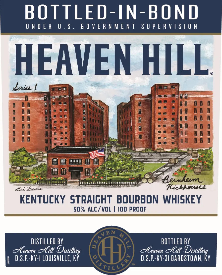 The Heaven Hill Bottled in Bond Artist Series 7 Year Bourbon label by Heaven Hill Distillery features brick buildings, green trees, and bold text with “100 Proof” and “50% Alc/Vol.” highlighted on its classic limited-edition design.