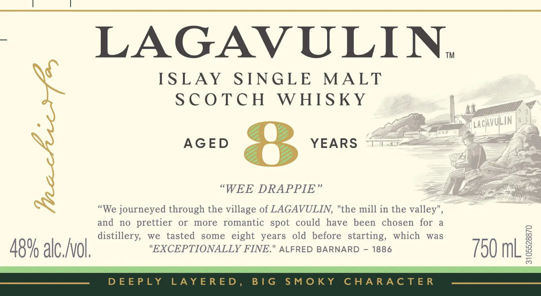 Label for Lagavulin 8 Year Old Islay Single Malt Scotch Whisky “Wee Drappie” by Lagavulin, aged 8 years, 48% ABV, featuring vintage coastal artwork and gold, black, and green text detailing its peated character and storied heritage.