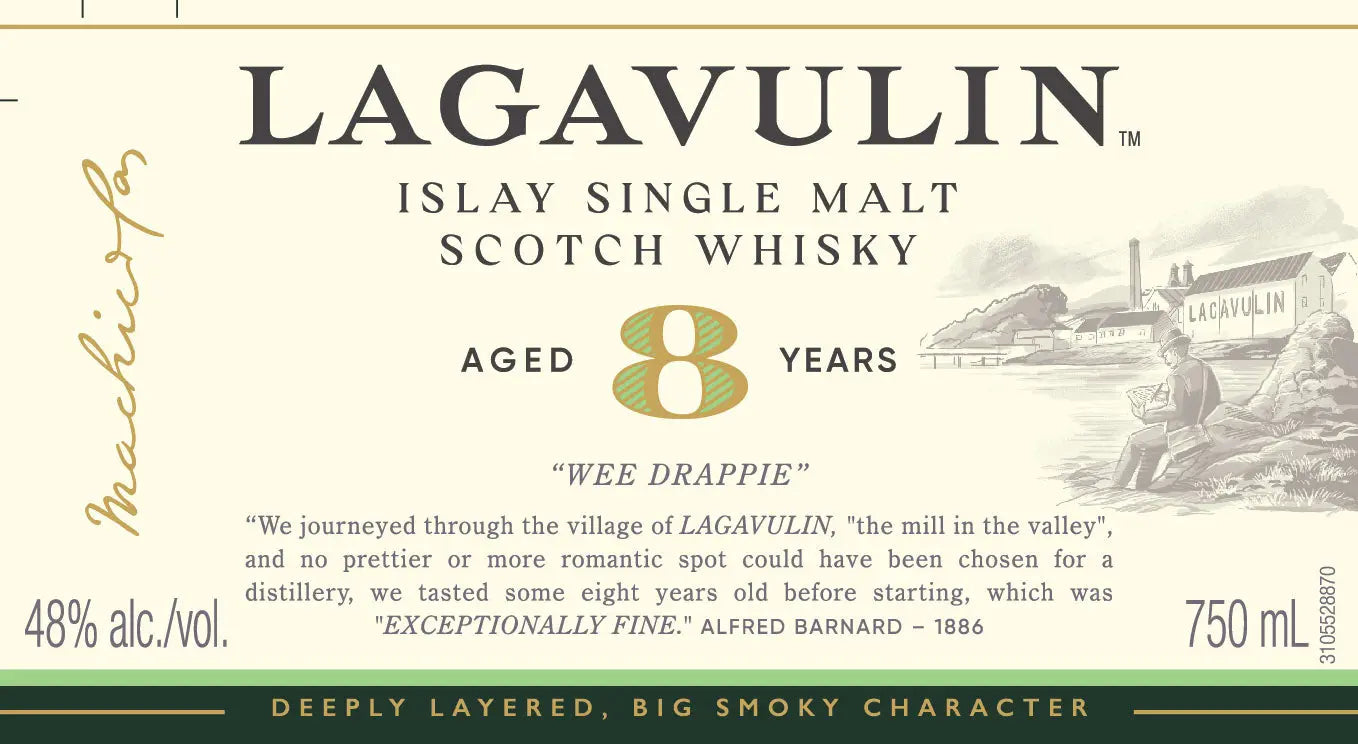 Label for Lagavulin 8 Year Old Islay Single Malt Scotch Whisky “Wee Drappie” by Lagavulin, aged 8 years, 48% ABV, featuring vintage coastal artwork and gold, black, and green text detailing its peated character and storied heritage.