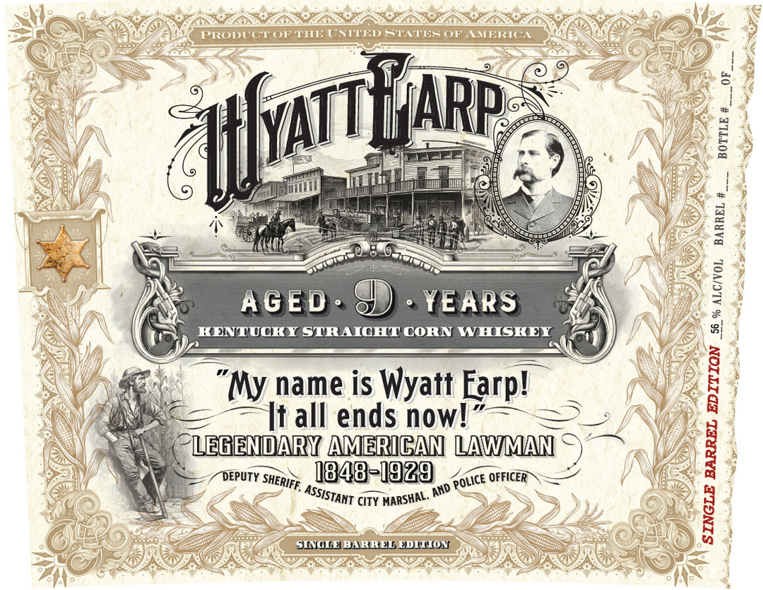 A vintage-style label for Doc Holliday’s Wyatt Earp Aged 9 Years Kentucky Straight Corn Whiskey Single Barrel Edition, featuring an old saloon, sheriff’s badge, and a tribute to Earp’s legendary lawman legacy.