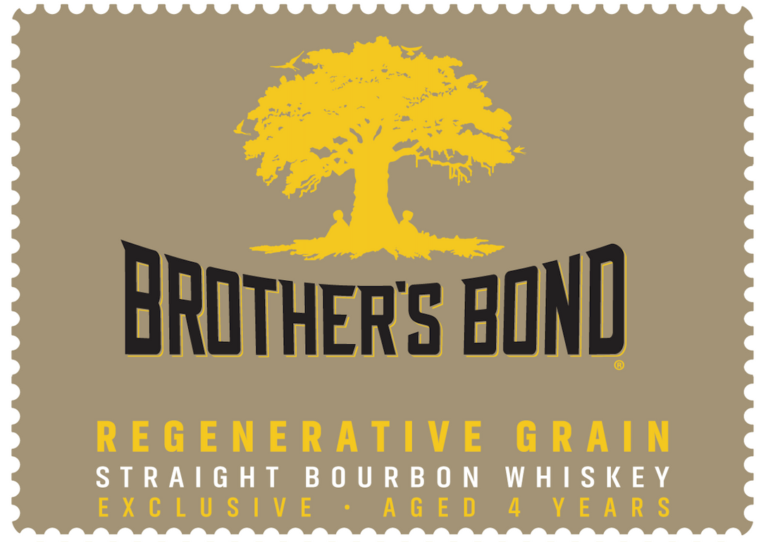 A tan label shows a large yellow tree above bold black text: Brother’s Bond Bourbon. Below, yellow and white text reads: Regenerative Grain Straight Bourbon Whiskey Single Barrel Exclusive Aged 4 Years.