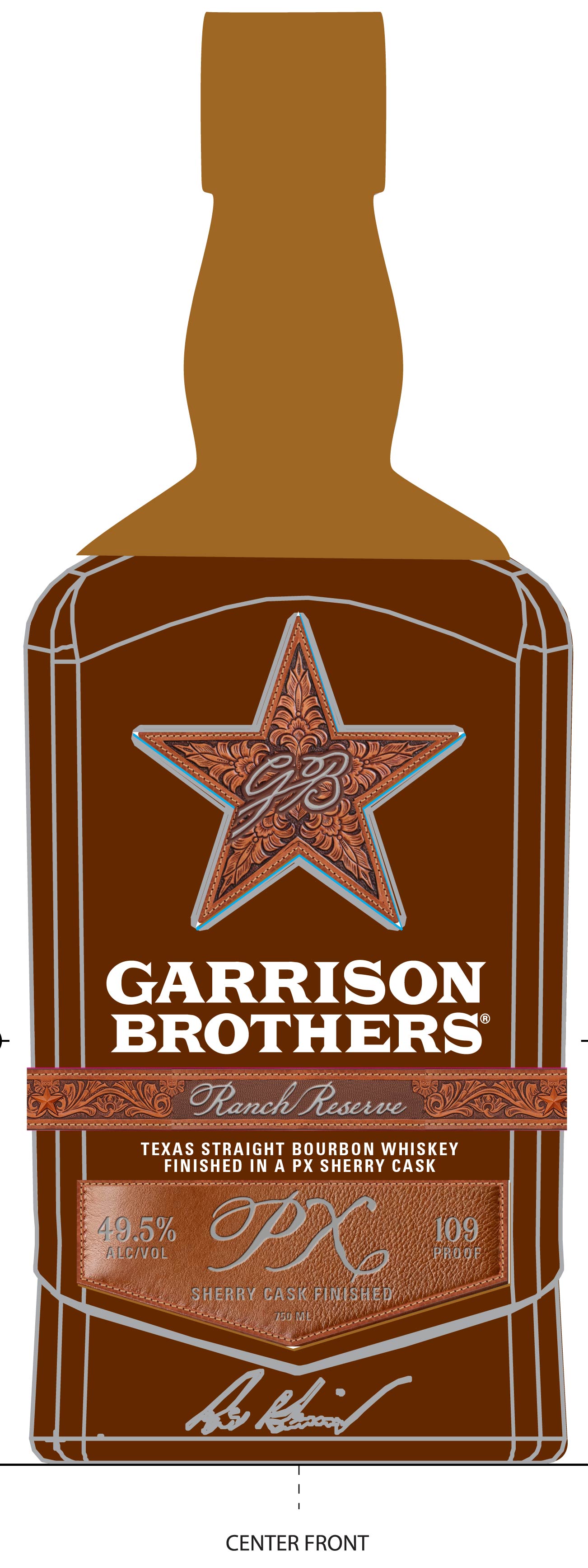A brown bottle of Garrison Brothers Ranch Reserve PX Sherry Cask Finished Texas Straight Bourbon Whiskey features a star emblem, ornate label, and 49.5% ABV (109 proof), highlighting its sherry cask finishing.