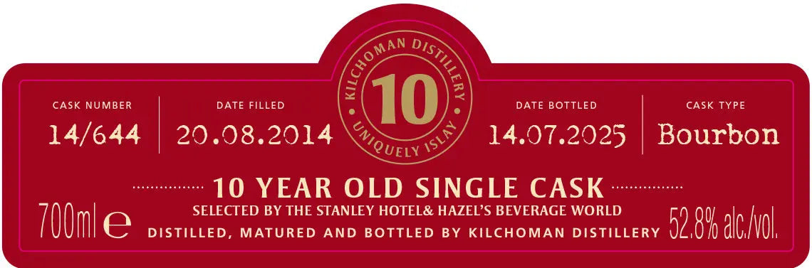 Kilchoman 10 Year Old 100% Islay Bourbon Single Cask Scotch Whisky, cask #14/644, bottled at cask strength (52.8% ABV), 700mL. Selected by Stanley Hotel & Hazel’s Beverage World.