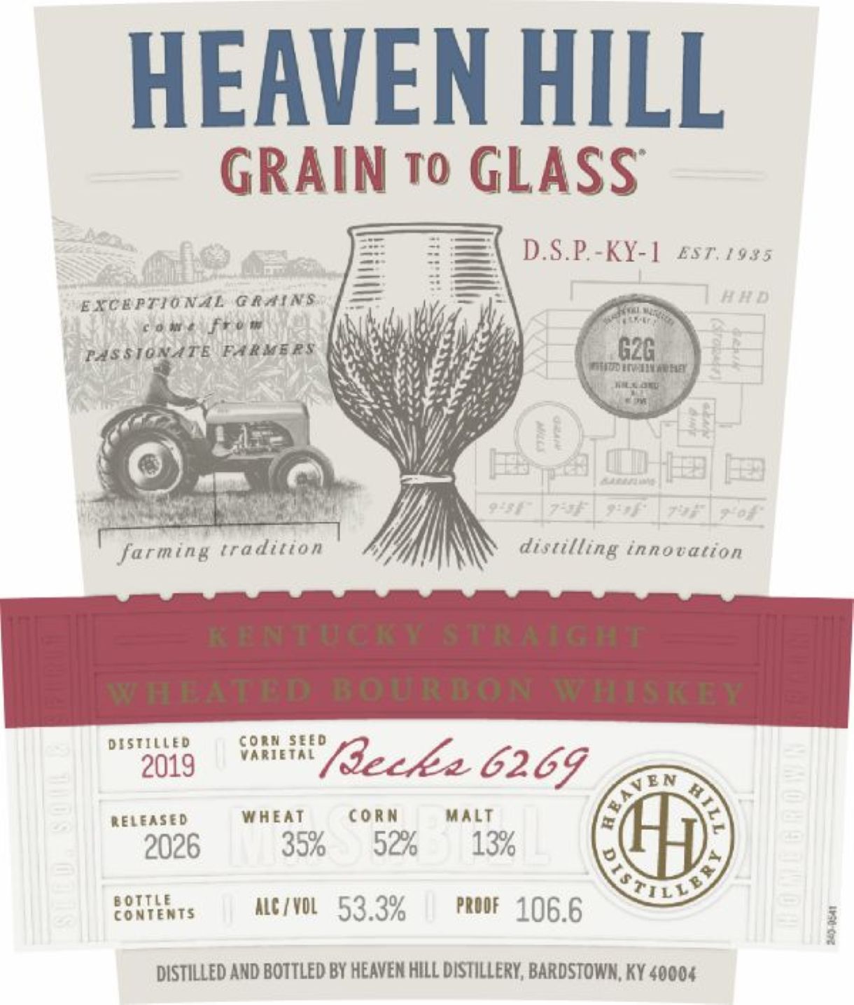 Label for Heaven Hill Grain to Glass 2026 Release Kentucky Straight Wheated Bourbon Whiskey by Heaven Hill Distillery, featuring a wheat glass, tractor illustration, distillery info, and a red-beige design with year, batch, and proof details.