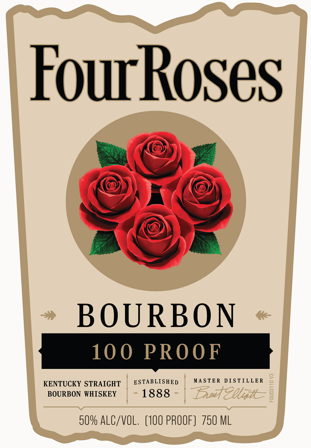 Label for Four Roses Bourbon 100 Proof Kentucky Straight Bourbon Whiskey, featuring three red roses with green leaves. Text includes "50% Alc/Vol" and "Established 1888." Brand: Four Roses.