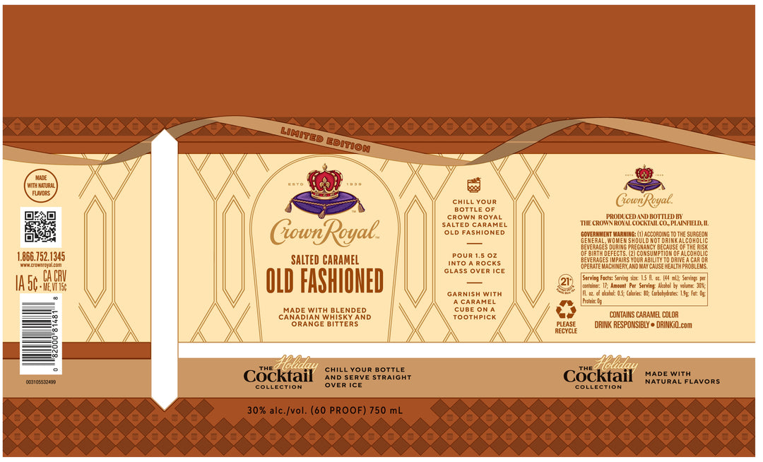 The Crown Royal Salted Caramel Old Fashioned Limited Edition label features a brown and cream design with gold accents, containing cocktail instructions and product details on a geometric background.