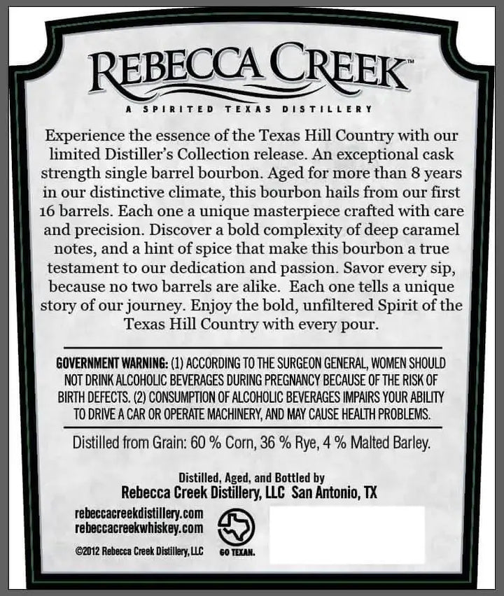 Rebecca Creek Distiller’s Collection Bourbon Whiskey Single Barrel Cask Strength - Main Street Liquor