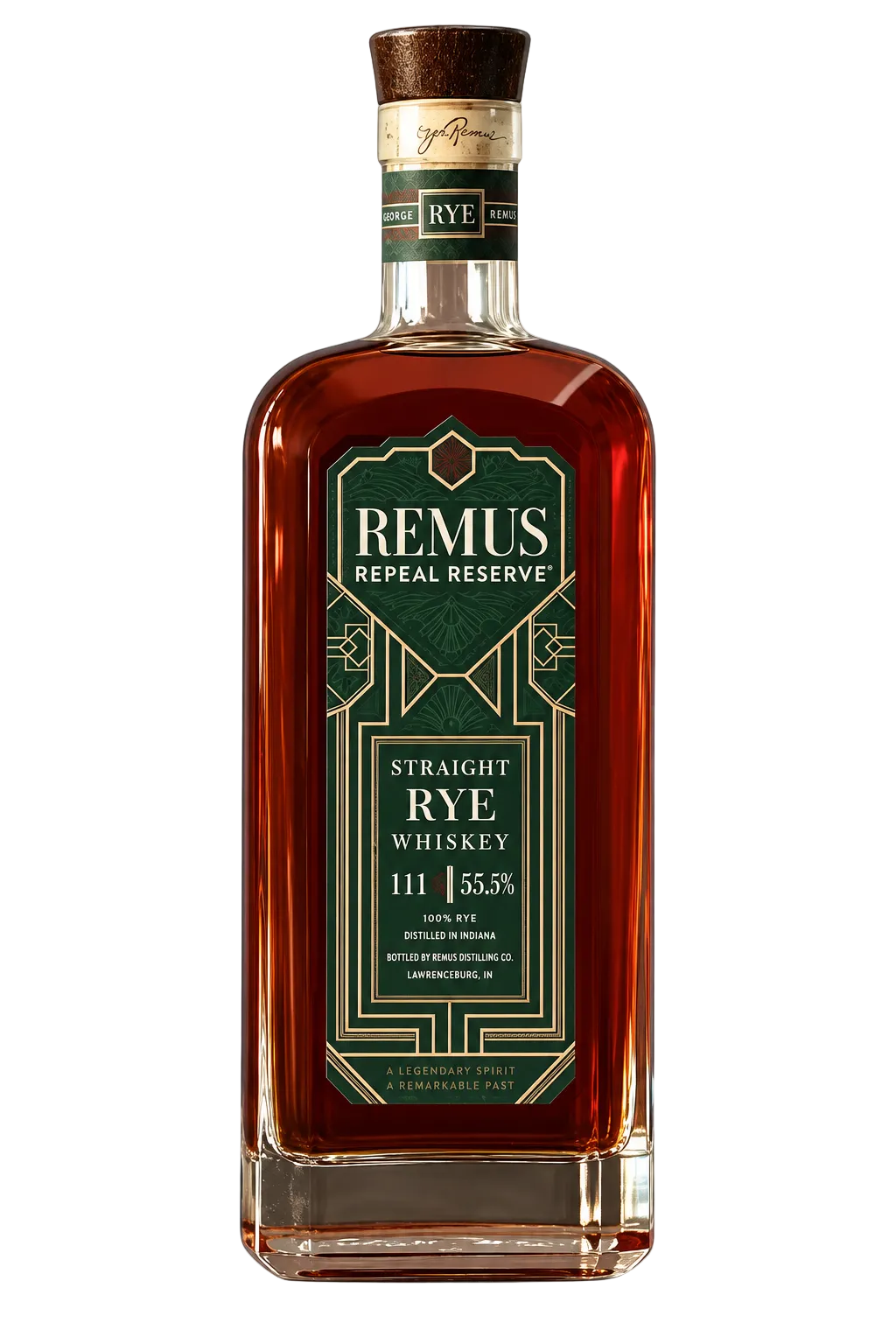 A bottle of Remus Repeal Reserve Straight Rye Whiskey by G. Remus Distilling Co., a notable Indiana rye marked by its green and gold label, featuring 55.5% ABV (111 proof), set against a plain light background.