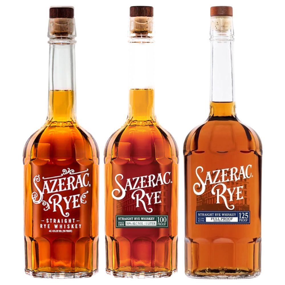The Sazerac Rye Whiskey Bundle by Sazerac features three bottles, each with a red, green, or blue label, showcasing different types or proofs. All bottles contain amber whiskey.