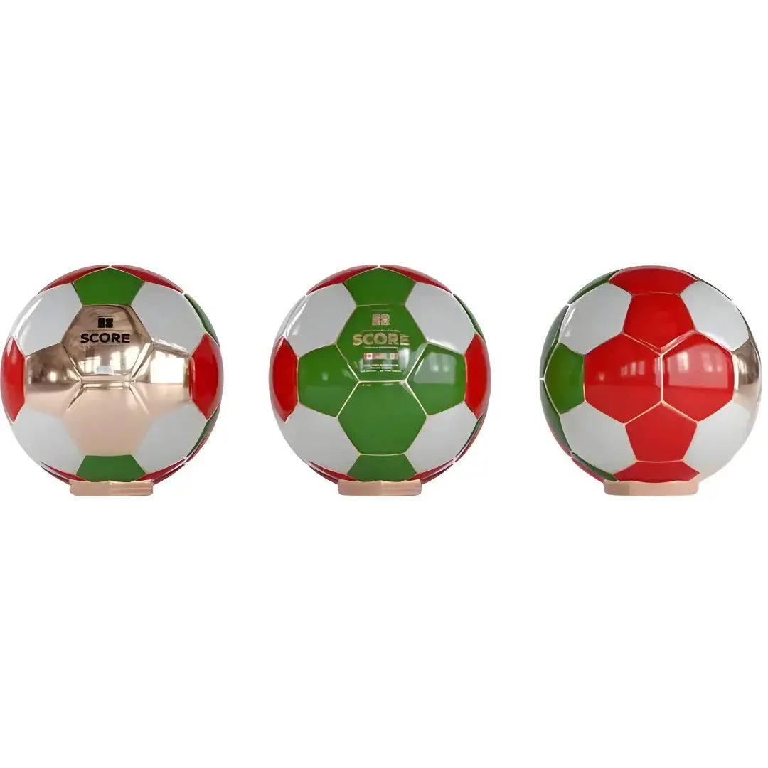 Three reflective soccer balls—red, green, white, and gold—are arranged side by side. The center ball is a Score Tequila Reposado 2026 Mexico Limited Edition Soccer Ball Bottle, a collectible from Score Tequila.
