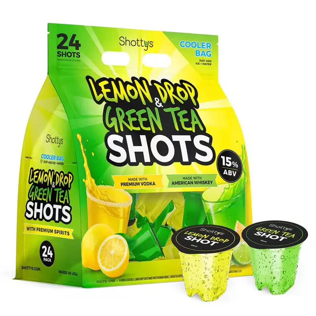 Shottys Green Tea Whiskey &amp; Lemon Drop Vodka Cocktail Shots 24 Pack features 24 ready-to-drink cocktail shots (15% ABV) in a yellow and green bag with images of lemons, drinks, and shot cups.