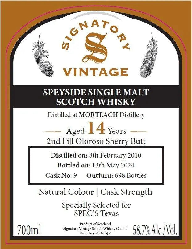 Signatory Vintage Mortlach 14 Year Old Speyside Single Malt Scotch Whisky 2nd Fill Oloroso Sherry Butt, Cask Strength - Main Street Liquor