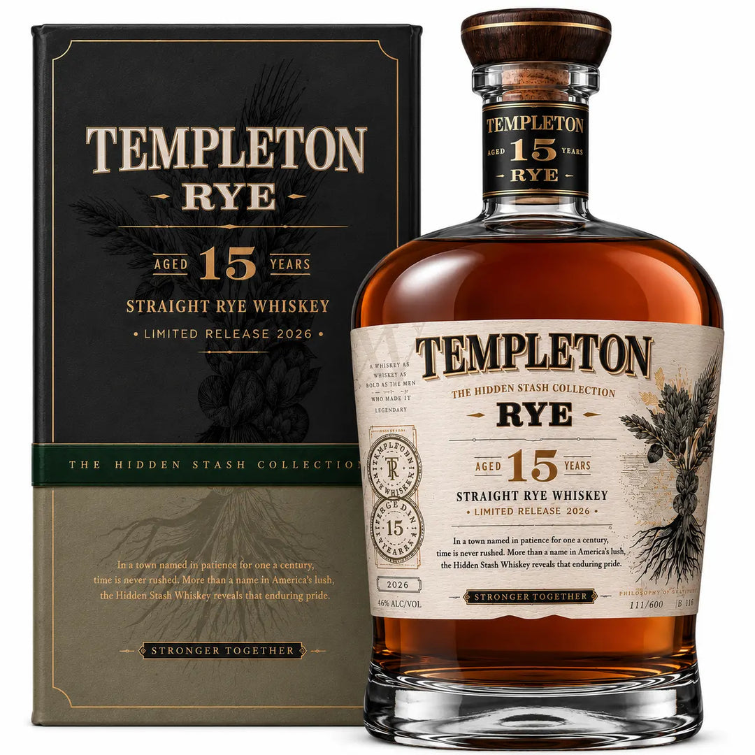 A bottle of Templeton Hidden Stash 15 Year Straight Rye Whiskey (Pre-Order) from Templeton Rye stands before its striking black and gold box, proudly labeled as a rare release from the distinguished Hidden Stash Collection.