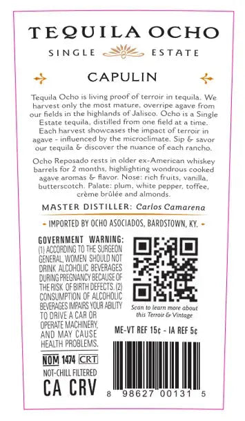 Tequila Ocho Reposado Single Estate Capulin - Main Street Liquor