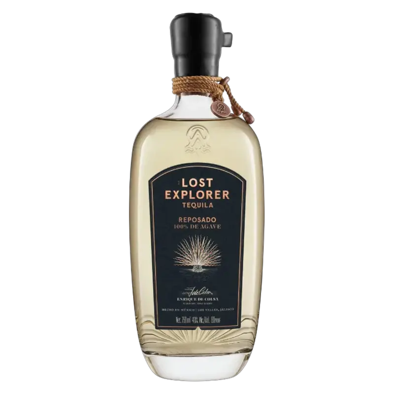 A bottle of The Lost Explorer Reposado Tequila by The Lost Explorer, featuring a black label with gold lettering and a cork stopper tied with string. Made from 100% premium agave for an exceptional sipping experience.