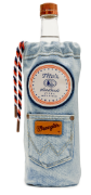 Tito's Vodka X Wrangler® Limited Edition 1L comes in a glass bottle with a brown cap, wrapped in a light blue Wrangler denim sleeve featuring a Mitchs Outpost patch, brown Wrangler label, front pocket, and red-white-blue drawstring—perfect for gifting.