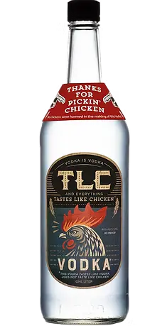 TLC Vodka Taste Like Chicken by TLC Vodka comes in a clear glass bottle with a chicken label and red “THANKS FOR PICKIN’ CHICKEN” tag. Enjoy smooth American corn vodka—order TLC Vodka Taste Like Chicken online today!.