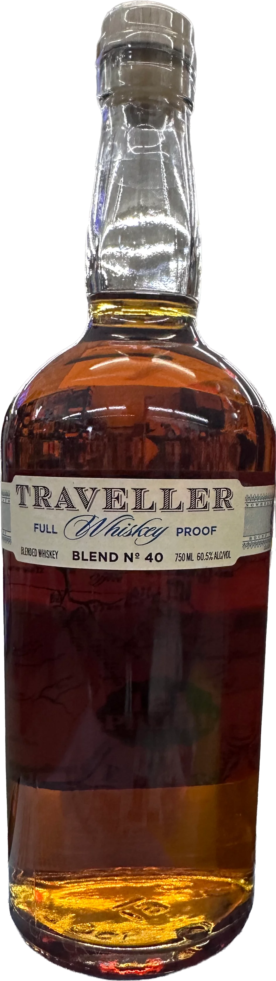 Traveller Full Proof Whiskey 121 Proof by Chris Stapleton (PRE-ORDER), from The Traveller Whiskey, is a blended whiskey crafted with Buffalo Trace, bottled at 750ml, 60.5% ABV, featuring gold-brown liquid beneath a clear cap.