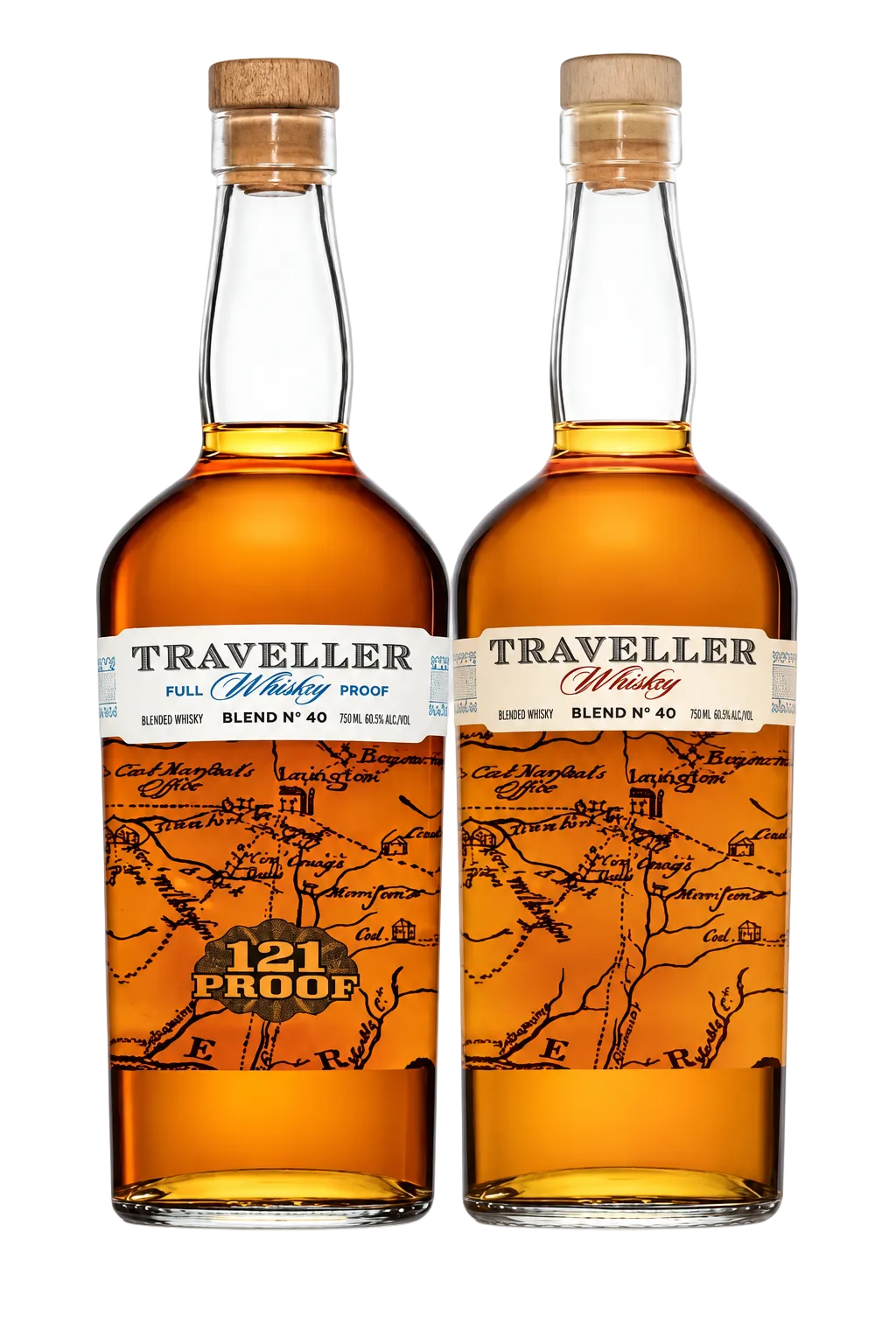 The Traveller Whiskey Bundle: Original &amp; Full Proof by The Traveller Whiskey features two bottles adorned with distinctive map designs on their labels and cork stoppers. The left bottle, labeled Full Proof 121 Proof, highlights its bold character, while the right bottle is marked Blend No 40 84 Proof.