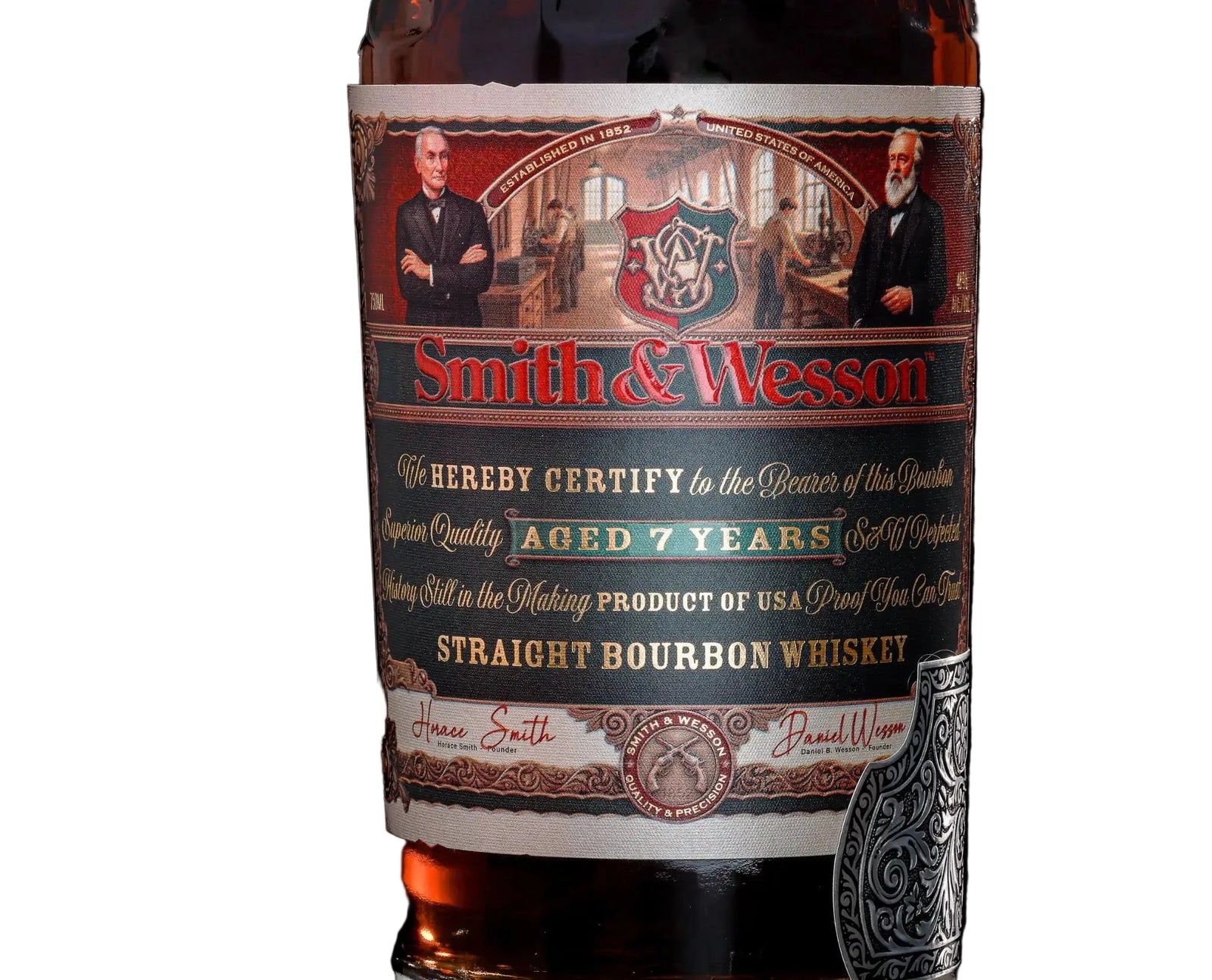 Close-up of a Smith & Wesson 7 Year Straight Bourbon Whiskey label, featuring portraits, a crest, and gold, red, and green text emphasizing its status as an American whiskey aged 7 years.