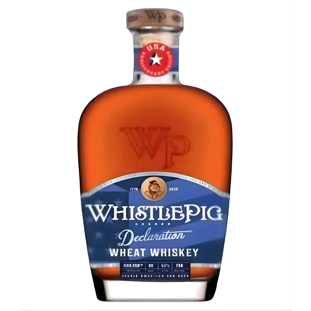A bottle of WhistlePig Declaration Wheat Whiskey Limited Edition, featuring a blue and white label with a portrait, the WP logo, detailed text, and a cap adorned with a red USA emblem—highlighting this distinguished American whiskey.
