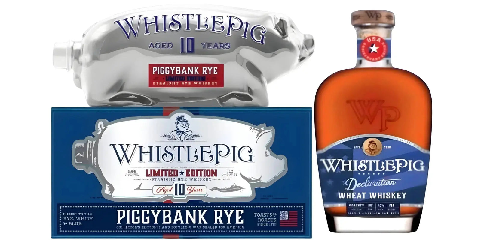 WhistlePig U.S.A. 250th Birthday Bundle: PiggyBank Rye White & Blue Limited Edition + Declaration Wheat Whiskey Limited Edition - Main Street Liquor