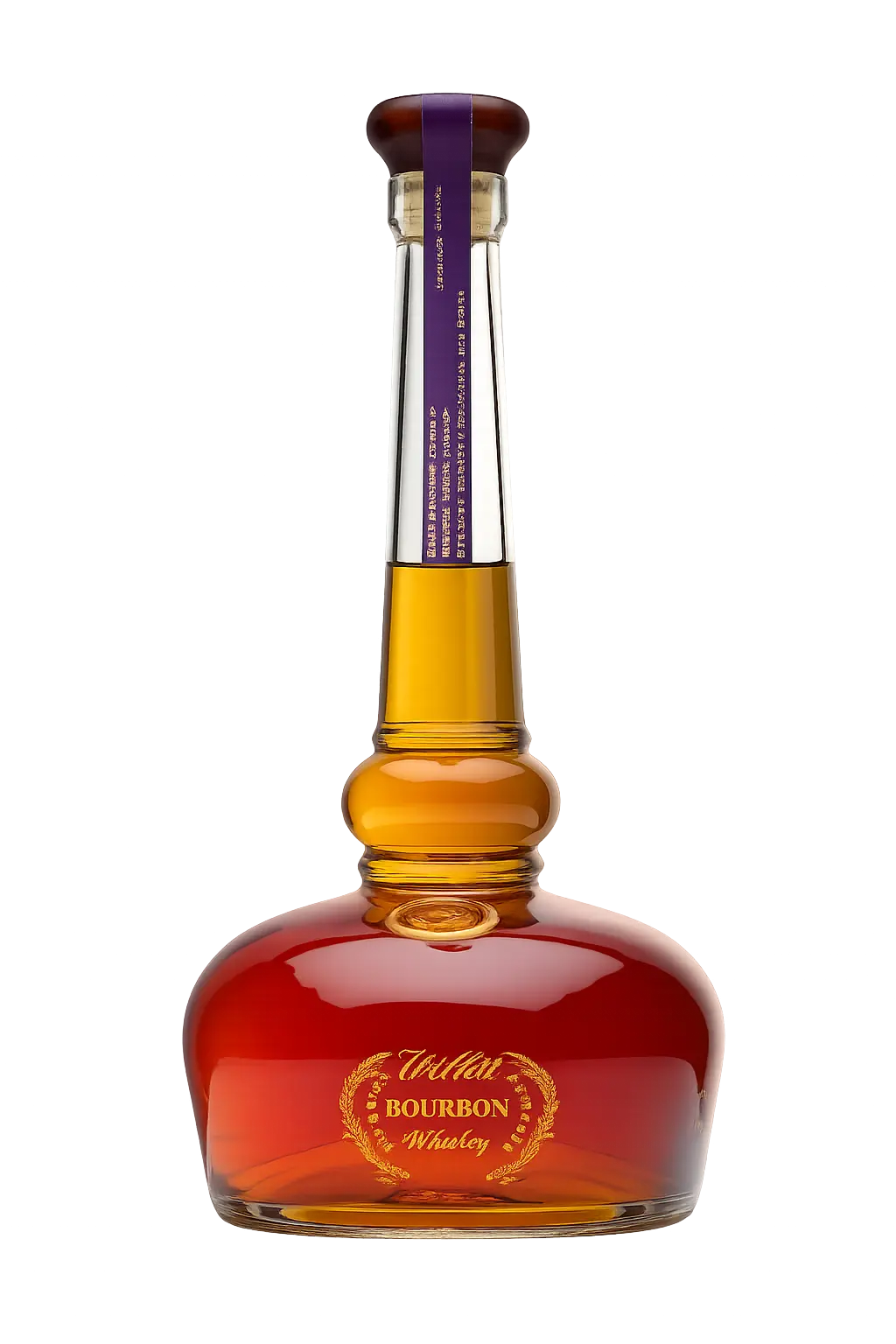 A uniquely shaped bourbon whiskey bottle with a wide base, a narrow neck, and a gold and purple label reading Willett Pot Still Reserve Cask Strength Bourbon from Willett Distillery against a plain white background, this bourbon stands out for both its distinctive design and bold character.