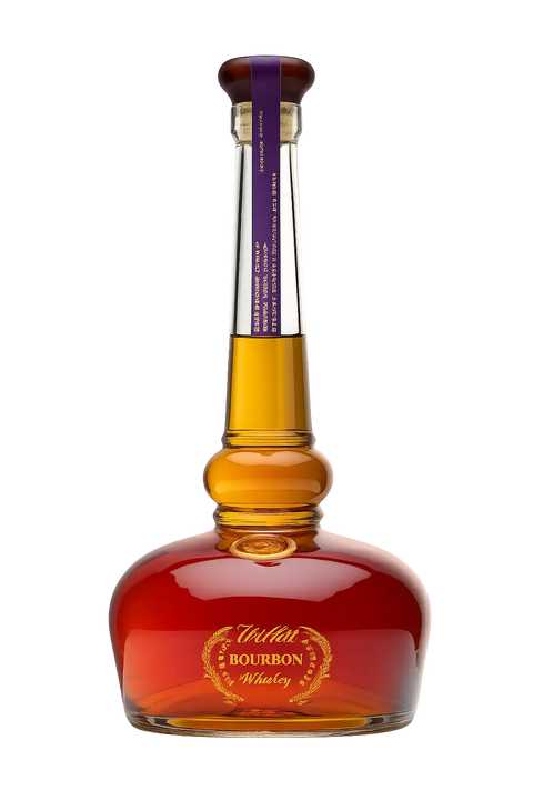 A uniquely shaped bourbon whiskey bottle with a wide base, a narrow neck, and a gold and purple label reading Willett Pot Still Reserve Cask Strength Bourbon from Willett Distillery against a plain white background, this bourbon stands out for both its distinctive design and bold character.