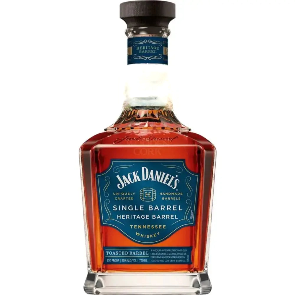 The Jack Daniel’s Heritage Toasted Single Barrel 2025 Release (750mL) features a blue label, wooden cork top, and toasted barrel craft—an amber collector&