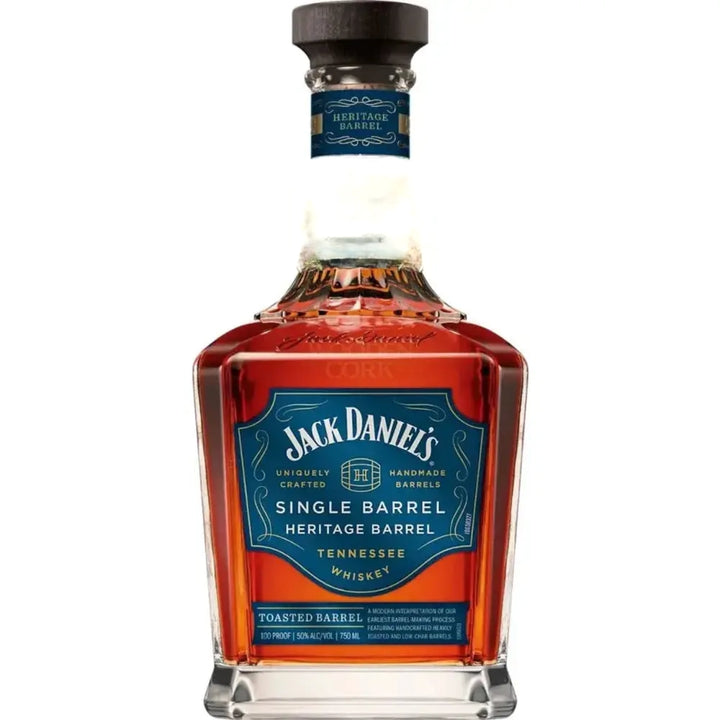The Jack Daniel’s Heritage Toasted Single Barrel 2025 Release (750mL) features a blue label, wooden cork top, and toasted barrel craft—an amber collector&