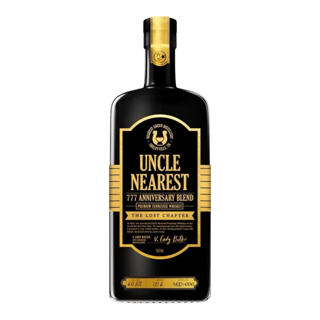 A black bottle of Uncle Nearest The Lost Chapter 777 Anniversary Blend Tennessee whiskey with gold and white label accents, a gold horse logo, and “The Lost Chapter” text—a true limited release collectible from Uncle Nearest.