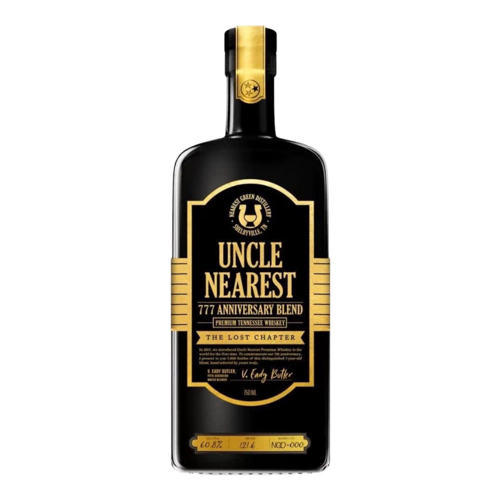 A black bottle of Uncle Nearest The Lost Chapter 777 Anniversary Blend Tennessee whiskey with gold and white label accents, a gold horse logo, and “The Lost Chapter” text—a true limited release collectible from Uncle Nearest.