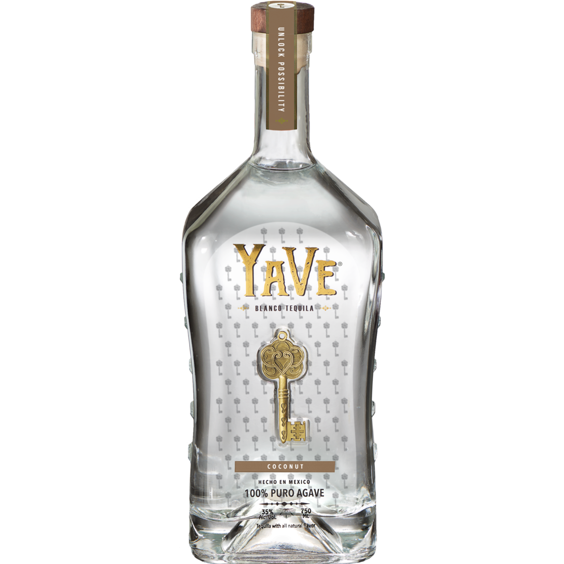 A clear bottle of YaVe Coconut Tequila by Yave Tequila, featuring gold and silver text, a key graphic, “100% Puro Agave,” and “Coconut” flavor on the label. This premium tequila comes with a stylish wooden cap.