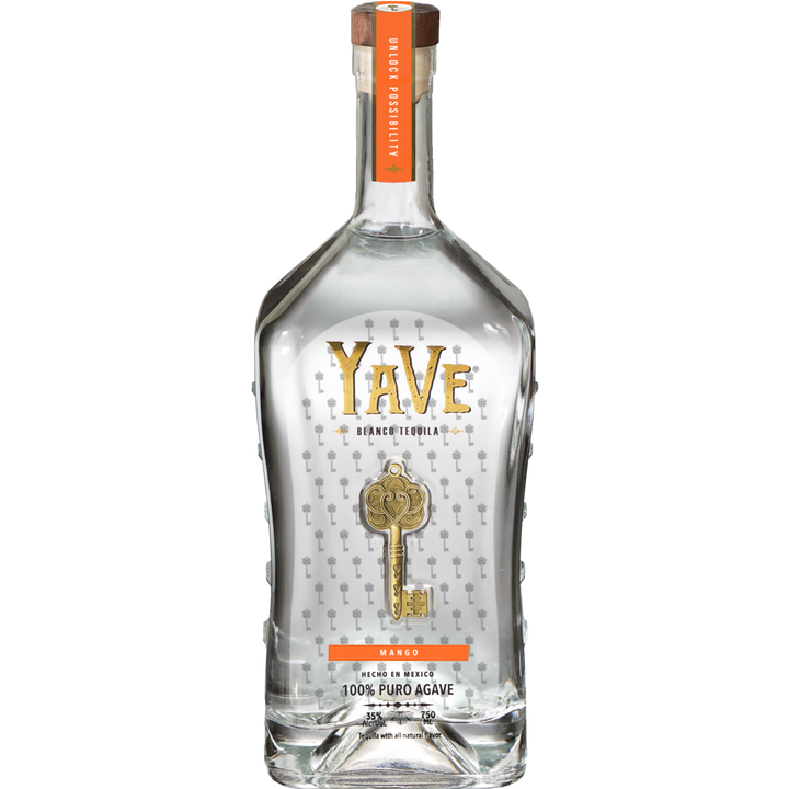 A clear bottle of YaVe Tequila Mango features gold lettering, a gold key design, and a wooden cap. Made from 100% pure agave for an ultra-smooth taste—perfect for guilt-free margaritas. Brand: YaVe Tequila.