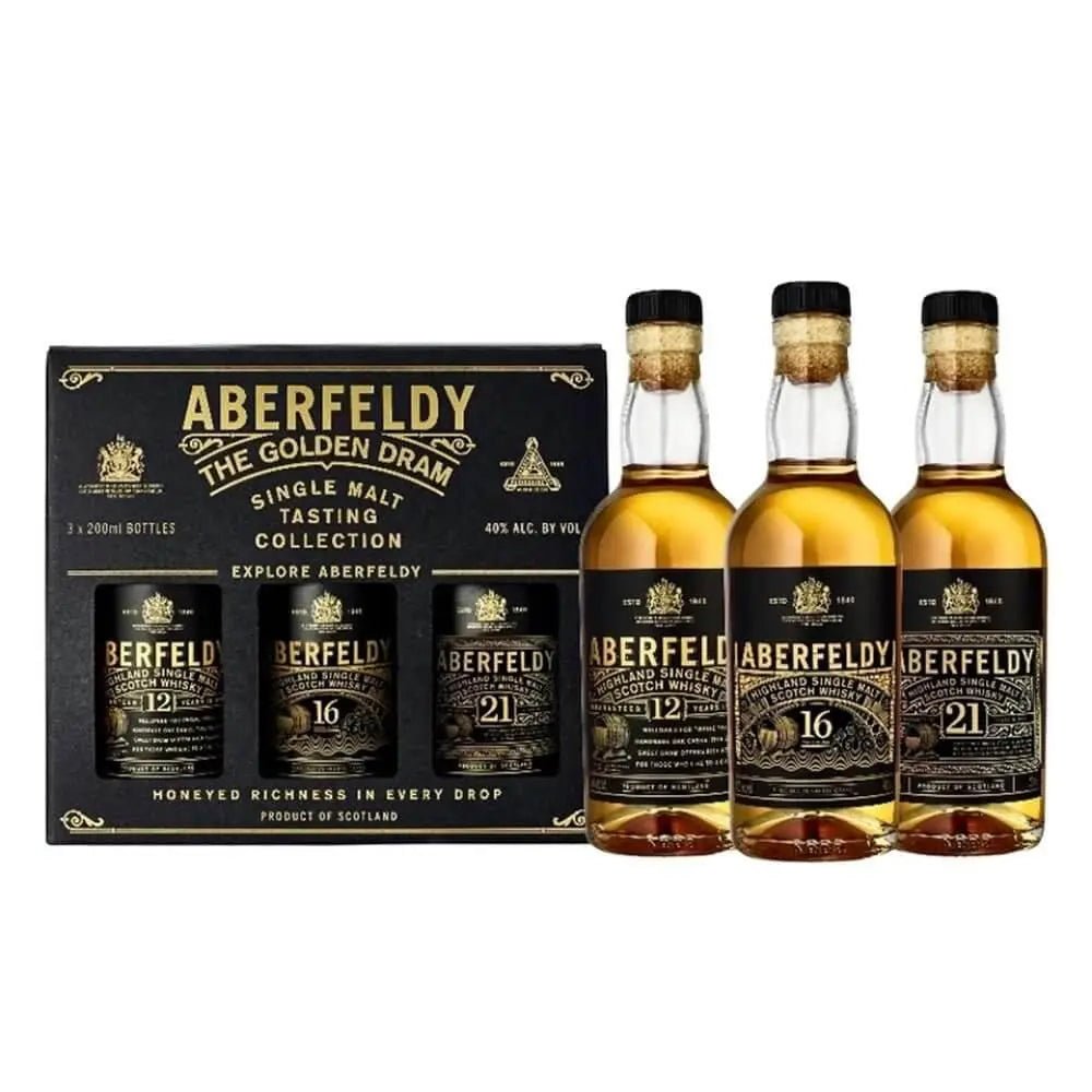 Aberfeldy The Golden Dram Gift Set - 3x 200ml Bottles (16, 12, &amp; 21 Year) - Main Street Liquor