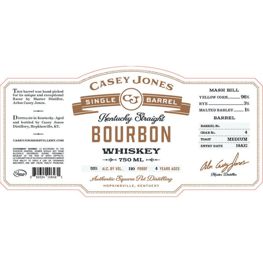 Casey Jones Single Barrel Kentucky Straight Bourbon Mash Bill 1 - Main Street Liquor