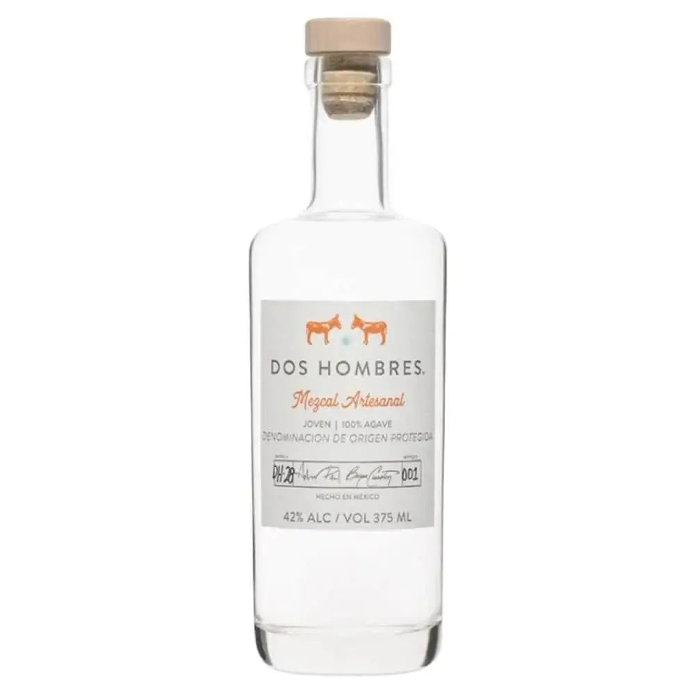 A clear glass bottle of Dos Hombres Espadin Mezcal 375mL by Aaron Paul &amp; Bryan Cranston featuring a wooden cap, two orange donkeys on the label, joven Oaxaca mezcal, 100% Espadin agave, and 42% alcohol.