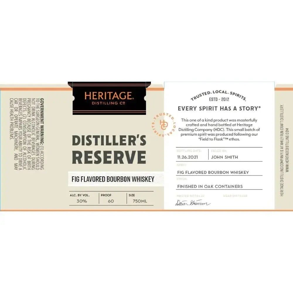 Heritage Distilling Distiller’s Reserve Fig Flavored Whiskey, 30% alc/vol, 750ml. This small batch, premium spirit features detailed product notes, bottling information, the distiller’s signature, and shares the story behind our Field to Flask process—celebrating Heritage Distilling’s tradition and craftsmanship.