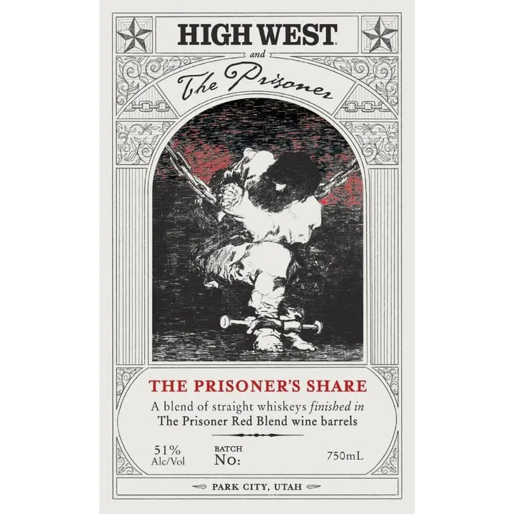 High West The Prisoner’s Share Blended Whiskey label features a shackled prisoner in a red-tinted cell, highlighting its wine cask finished blend, alcohol content, and volume from High West Distillery.