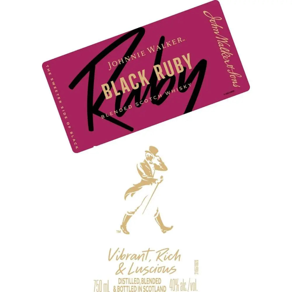 Johnnie Walker Black Ruby Blended Scotch Whisky features a magenta label with gold and black text, the iconic striding man logo, and describes this 40% alc/vol, 750 mL fruit-forward blend as Vibrant, Rich & Luscious.