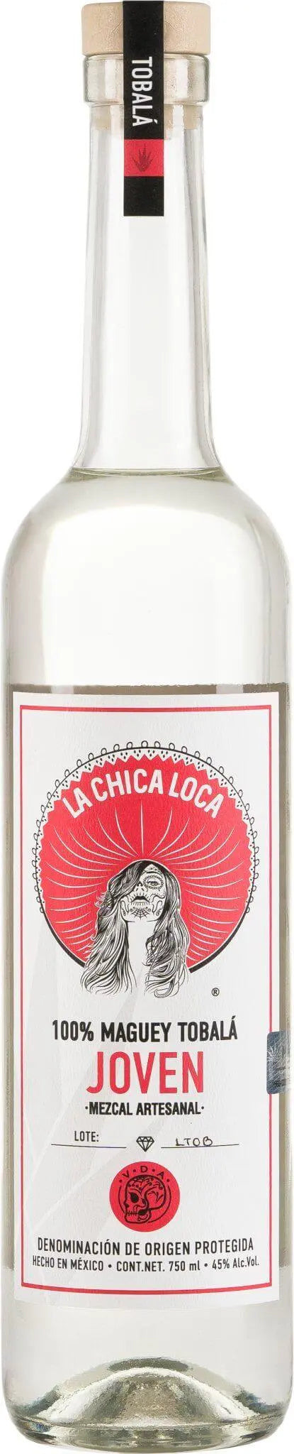 A clear bottle of La Chica Loca Tobala by 88 Spirits features a white label with a red design, an illustration of a woman with flowing hair, and text noting it's 100% maguey Tobala joven mezcal artesanal.