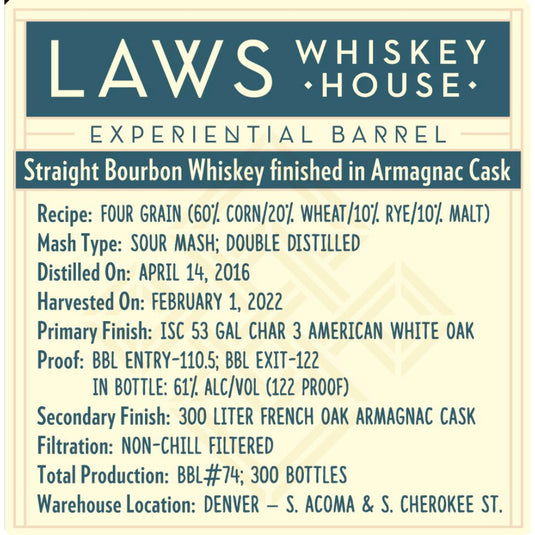 Laws Experiential Barrel Straight Bourbon Finished in Armagnac Cask - Main Street Liquor